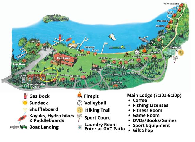 Resort map with Lighthouse circled, located near the harbor and lodge.