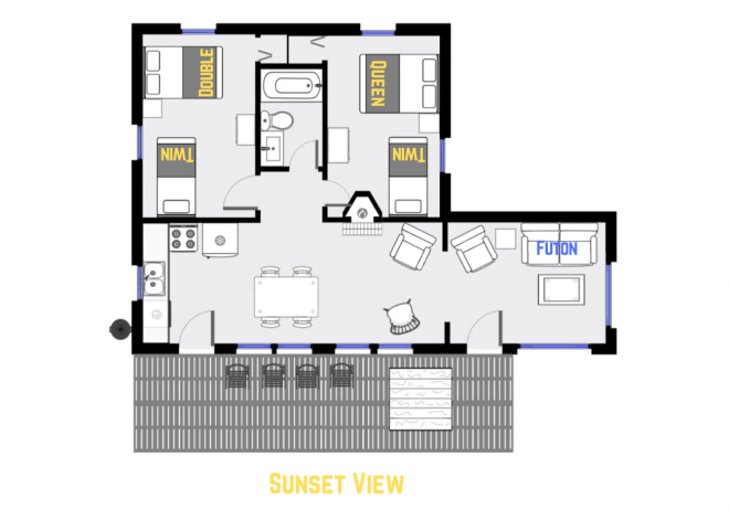 Sunset View's floor plan showing one level, two bedrooms, and one bathroom.