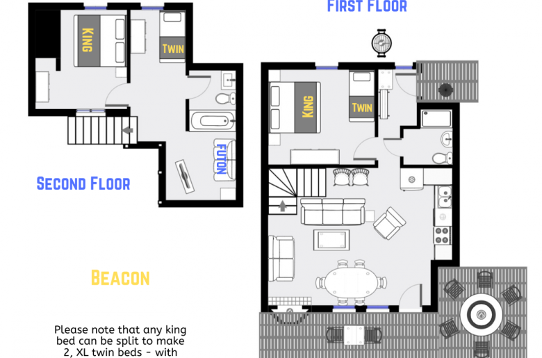 Beacon's floor plan showing two levels, two bedrooms plus loft bedroom, and two bathrooms.