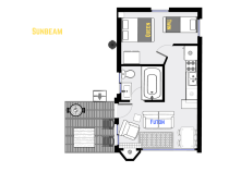 Sunbeam's floor plan, showing one level, one bedroom and one bathroom.