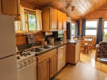 Kitchen area with a refrigerator, gas stove, and dishwasher.